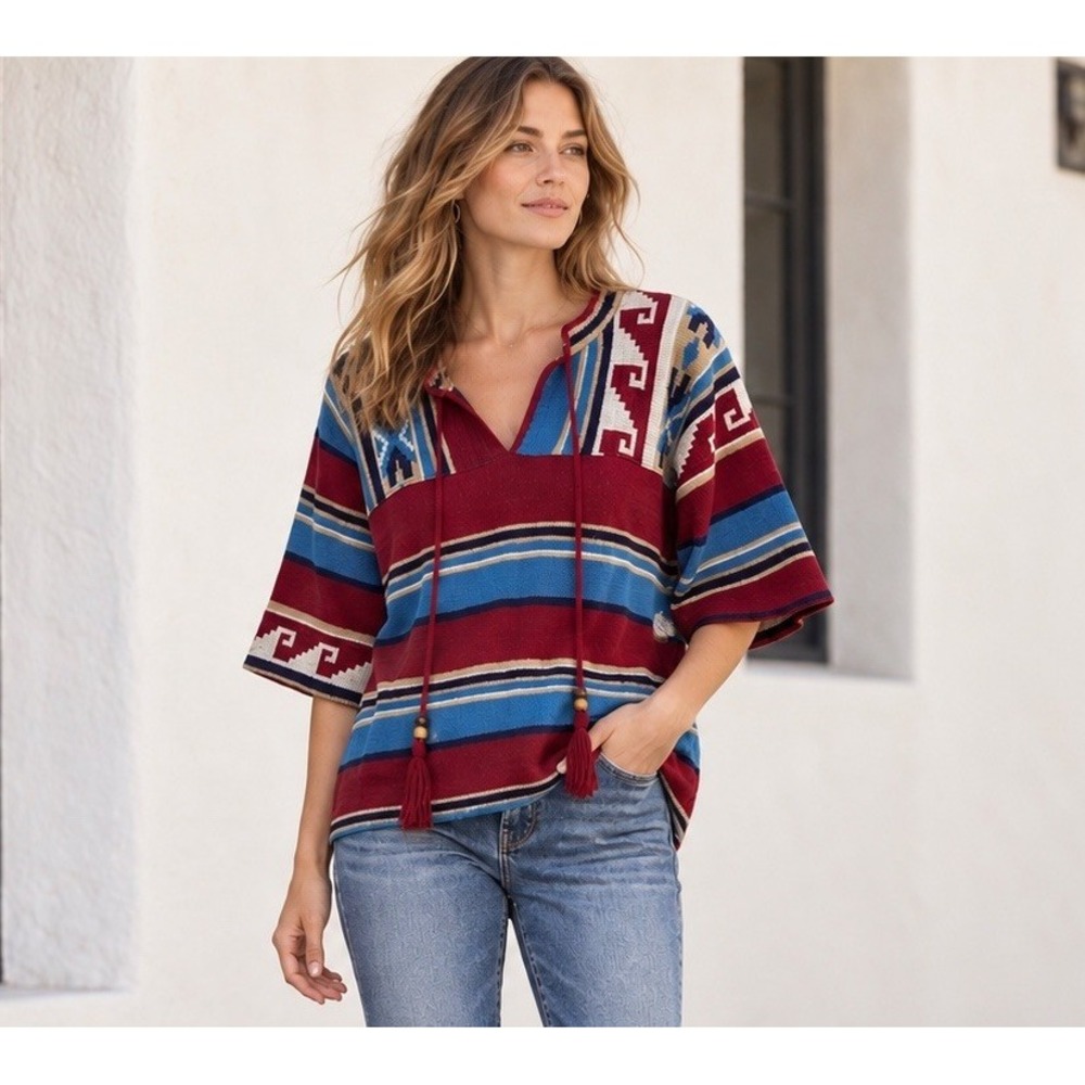 Pandora Southwestern Aztec Poncho Sweater Top Size M Burgundy Blue Boho Festival